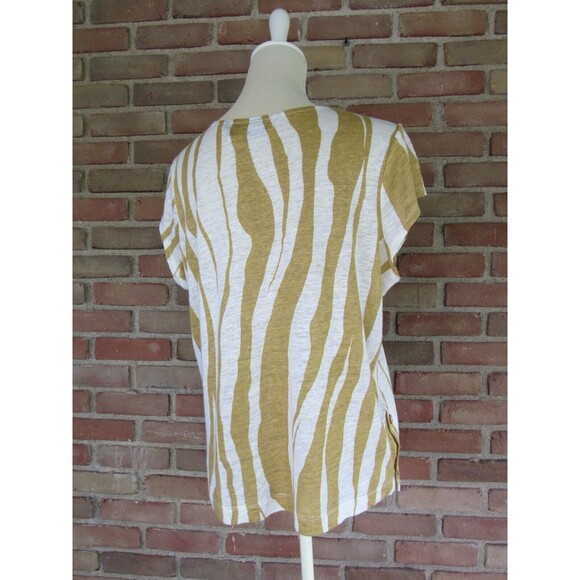 Tan White Zebra Animal Print Cap Sleeve Blouse 100% Linen Tahari Size M - Picture 13 of 16